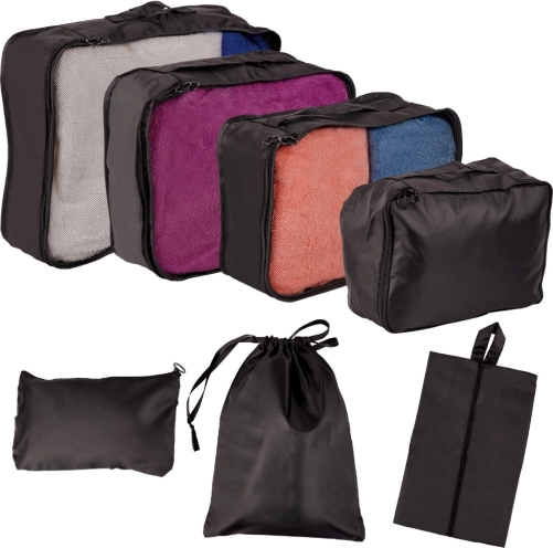 Travel packing organizers for suitcases – set of 7, water‑resistant bags and shoe sack – Black