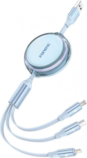 Foneng cavo 3 in 1 con avvolgimento telescopico 1,1 m blu