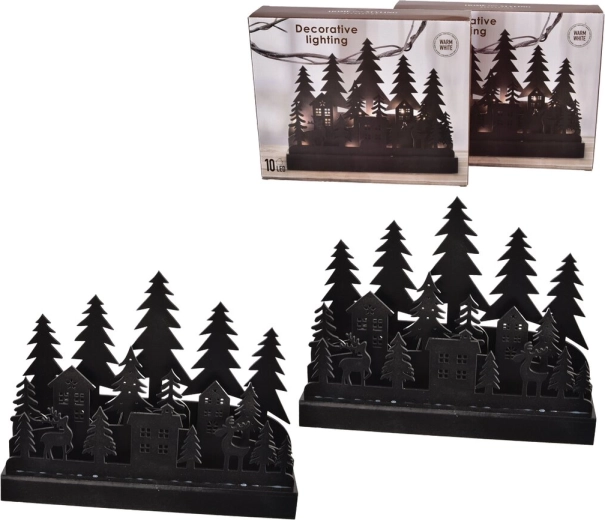 Zwarte houten LED-kandelaar Huisje/Boom 30 × 6 × 24 cm