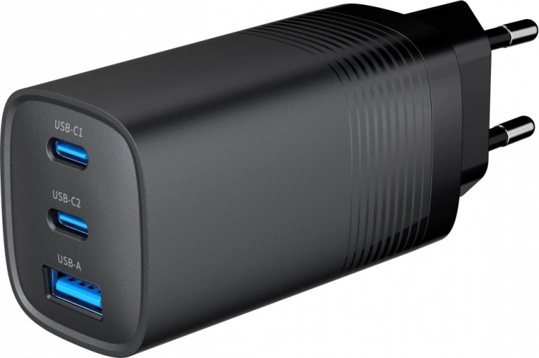 Black USB Charger 65W GaN with 1x USB-A and 2x USB-C Ports