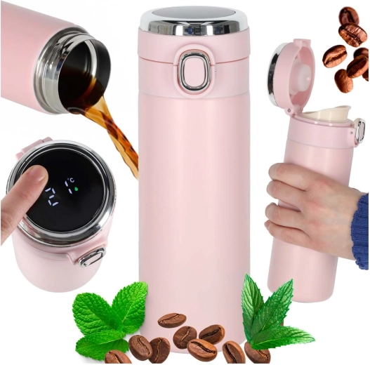 Termo šalica s preklopnim poklopcem i LED zaslonom 420 ml, ružičasta