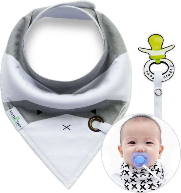 Bandana bib with pacifier holder – white and gray