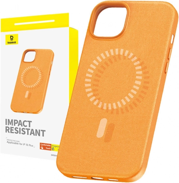 Magnetické pouzdro BASEUS fauxther pro iPhone 15 Plus (oranžové)