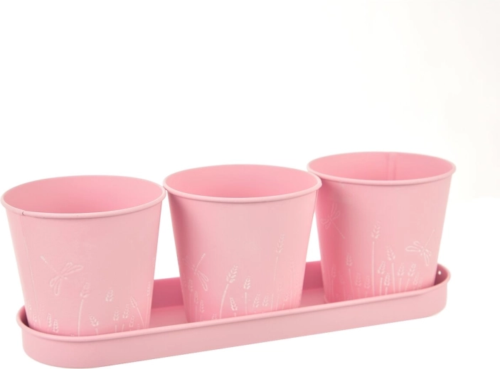 Set of three pink metal planters with a dragonfly motif