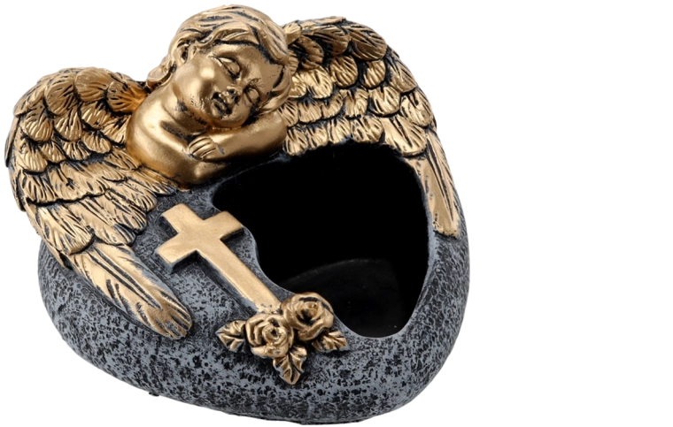 Cementen grafbloempot engel, donkergrijs met gouden versieringen 16 × 17,5 × 11 cm