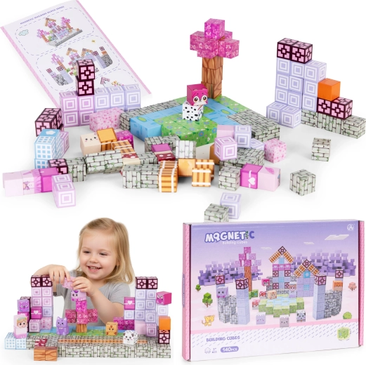 Blocchi da costruzione magnetici per bambini 140 pezzi – rosa