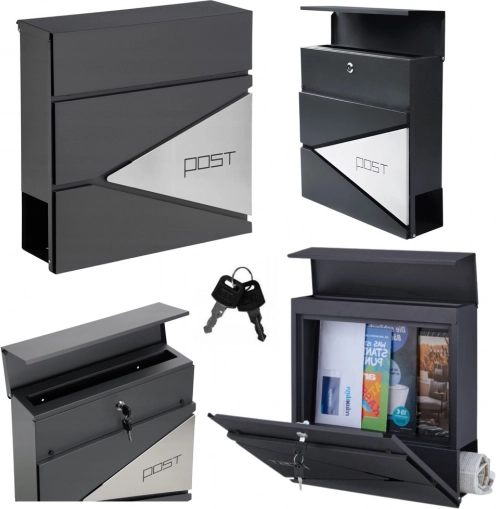 Large anthracite mailbox for letters and newspapers with POST inscription, A4 format