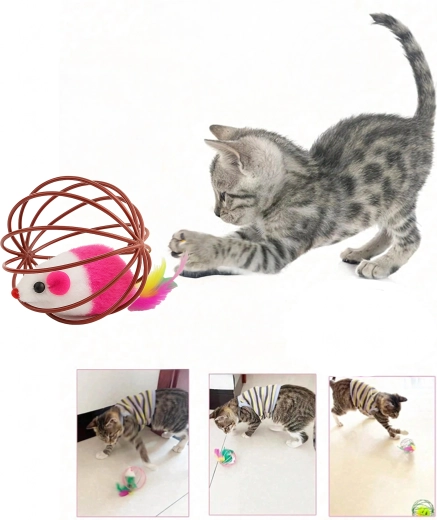 Plyšová myška s pírky a chrastítkem