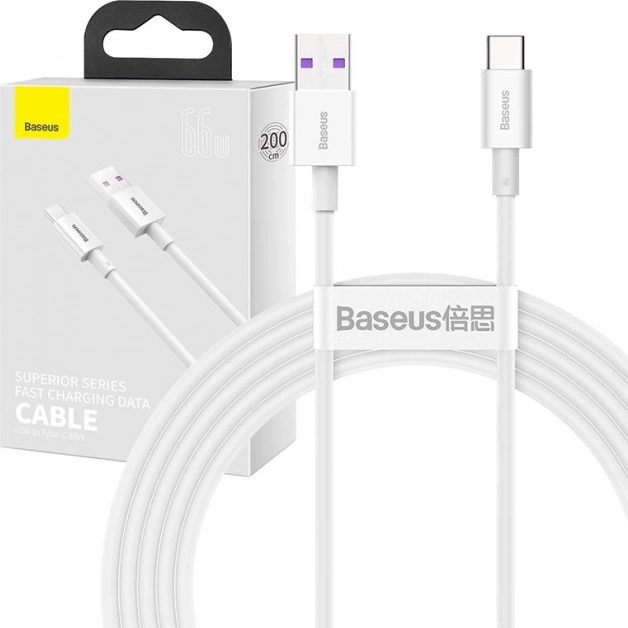 Baseus Superior USB naar USB‑C kabel 66 W, 2 m, wit
