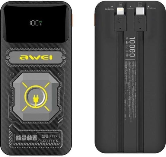 Power Bank 10000 mAh 22.5 W with Built‑in USB‑C and Lightning Cables Awei P77K