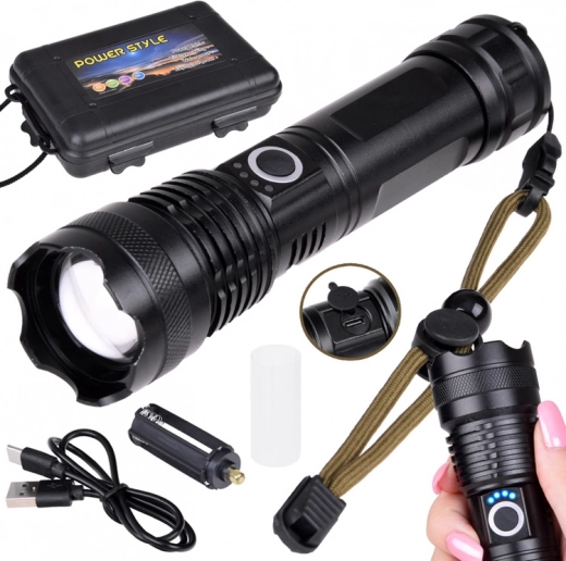 Powerful LED Flashlight with USB Charging, Waterproof, with Zoom