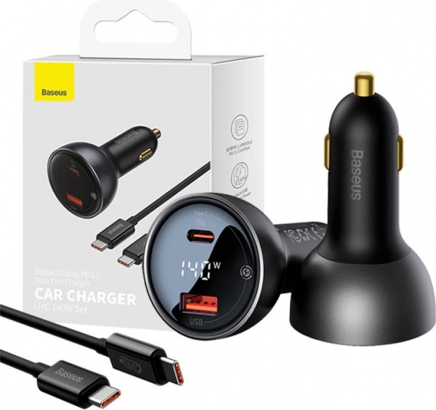 Baseus Superme Car Charger with Display, USB‑C + USB, 140 W, Black