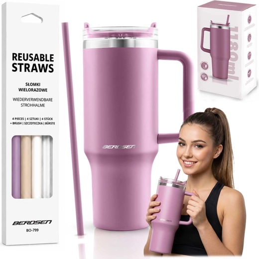Berdsen vakuumski termo lonček 1180 ml s kompletom slamic, rožnat