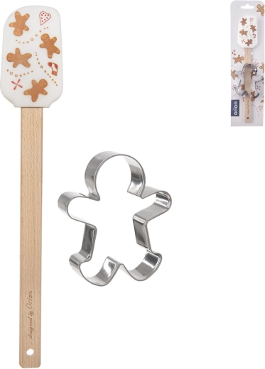 Silicone Kitchen Spatula with Wooden Handle and Gingerbread Cookie Cutter
