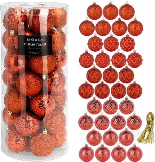 Boules de Noël rouges incassables 6 cm, lot de 35 pièces