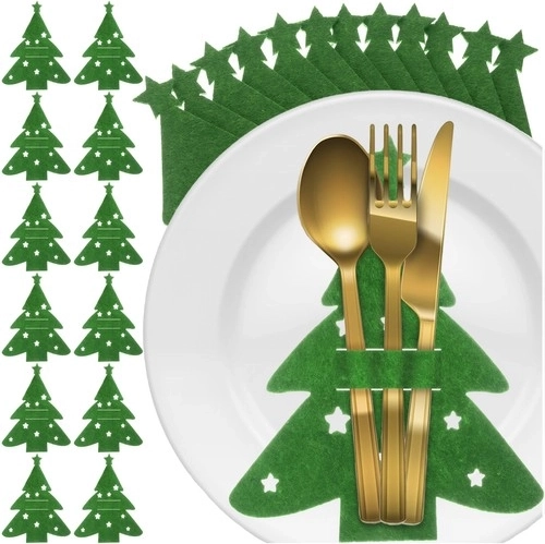 Christmas Felt Cutlery Pouch - Green Trees, Set of 12