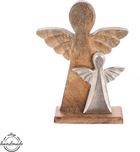 Ange en bois de manguier avec détail en métal 32,5 cm