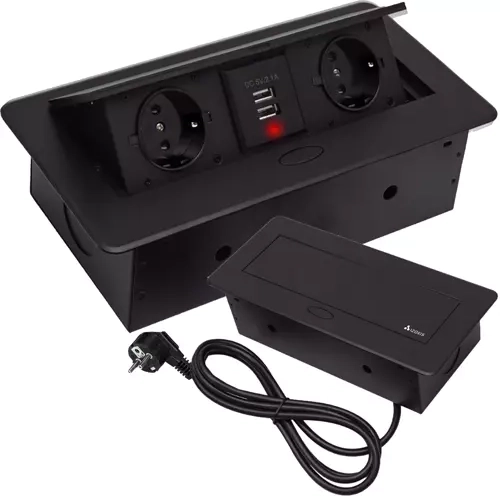 Recessed power strip for countertops with 2 outlets and 2 USB, black