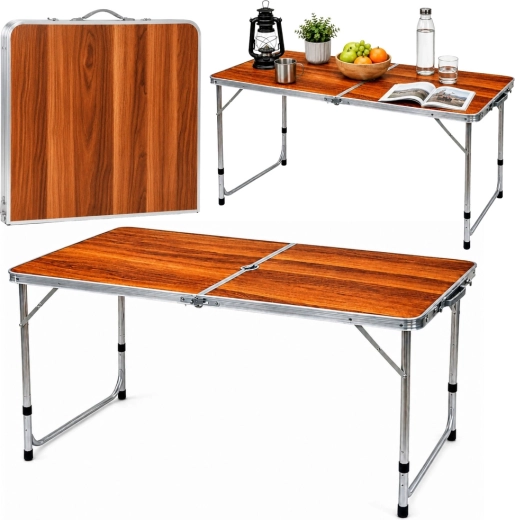 Foldable camping table with adjustable height in a suitcase, wood-look finish