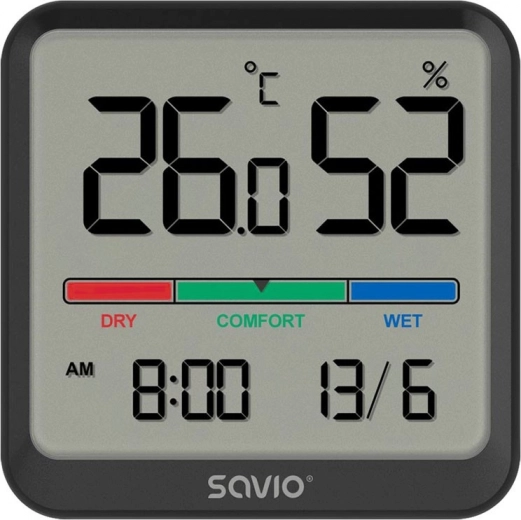 Thermomètre et hygromètre numériques SAVIO avec LCD, horloge et date, support magnétique – noir