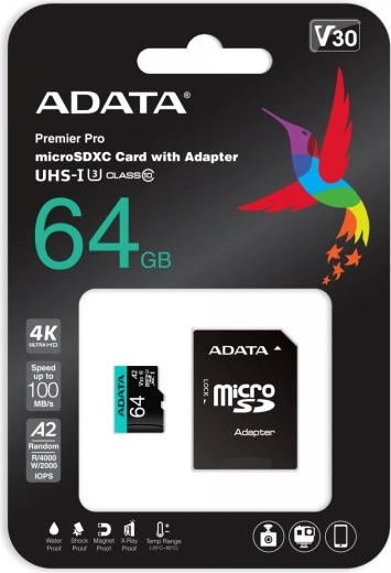 Scheda microSD Premier Pro 64 GB UHS-I U3 V30 A2 + adattatore SD
