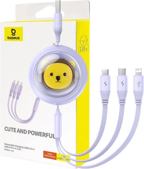 Výsuvný 3v1 nabíjecí kabel BASEUS USB na USB‑C, Lightning a Micro USB 3,5 A, 1,1 m – fialový