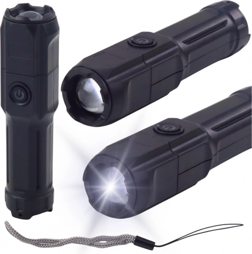 LED-zaklamp met zoom, 3 modi, opladen via USB, zwart