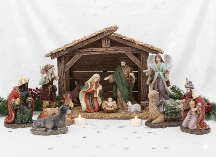 Set di 12 figurine natalizie per presepe in poliresina, fino a 32 cm