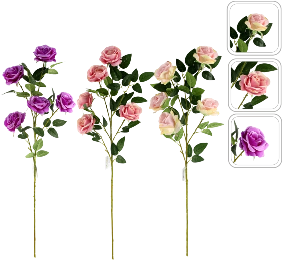 Ramo artificiale di rosa con cinque fiori 92 cm, mix di colori