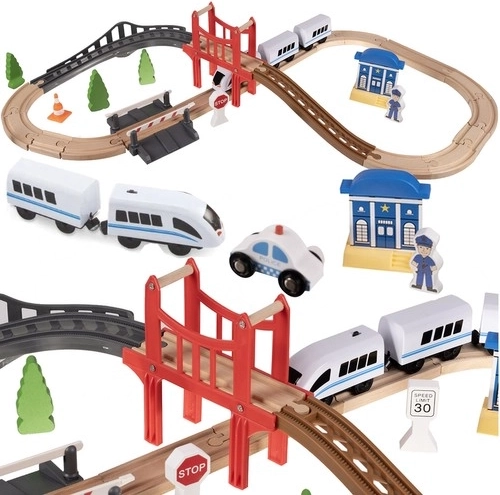 Wooden Train Track with Bridge and Carriages