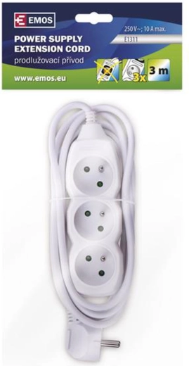Extension cord with 3 sockets, 3 m, white