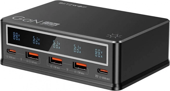 BlitzWolf 110 W Desktop Charger with PD, 3× USB-A and 2× USB-C, Black