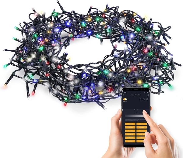 Guirlande de Noël extérieure LED Wi‑Fi intelligente Solight 240 LED 12 m, blanc chaud et multicolore