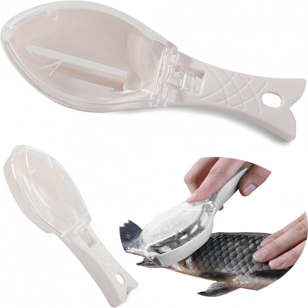 Fiskeskælskraber med beholder til skæl