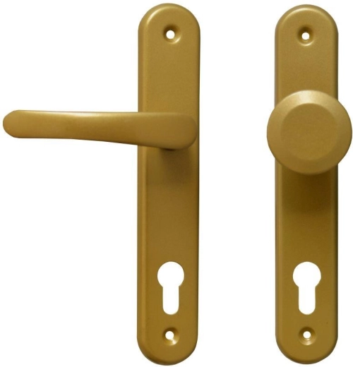 Ferrure de porte MICHAELA avec poignée et bouton fixe, cylindre 90, doré