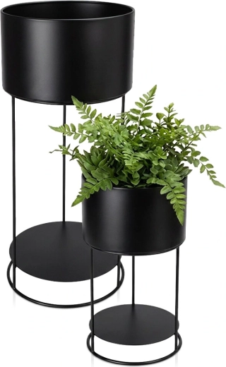 Metalstativ til blomster i mat sort, sæt med 2 stk.