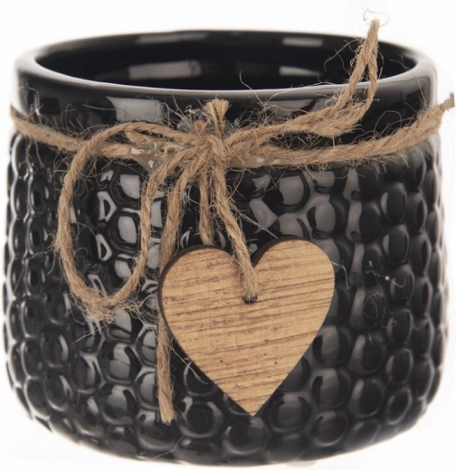 Compact ceramic planter with wooden accent, black, 9 × 9 × 11 cm