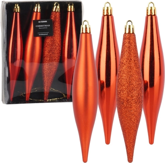 Boules de Noël incassables stalactites rouges 15 cm, 4 pcs