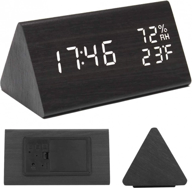 Electronic wooden alarm clock with thermometer and hygrometer