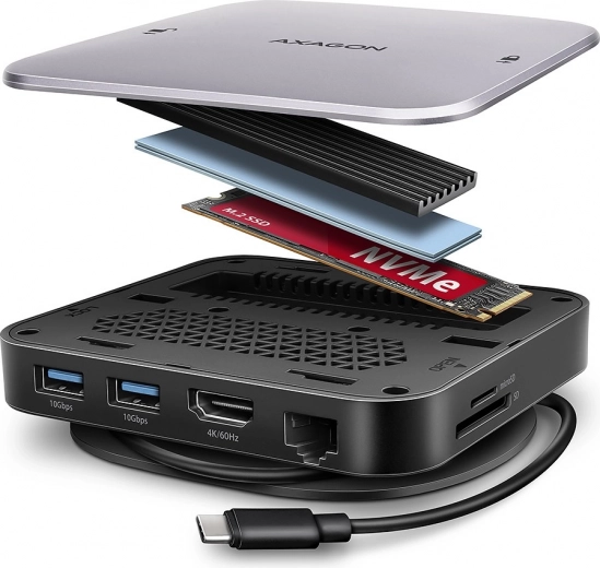 AXAGON hub USB‑C multiporta 9 in 1 con M.2 NVMe/SATA, HDMI 4K/60 Hz, PD 100 W, GLAN e lettore di schede