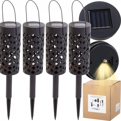 solar garden lanterns with decorative cutouts, LED, with dusk sensor, stake or hanging, 4 pcs