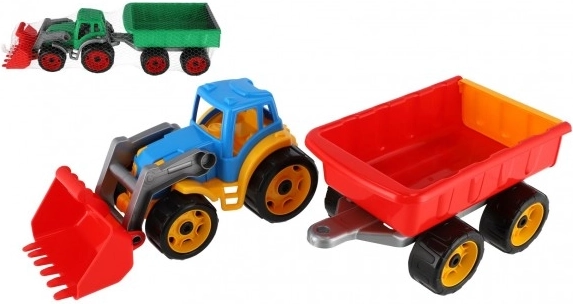 Trattore colorato in plastica con caricatore e rimorchio