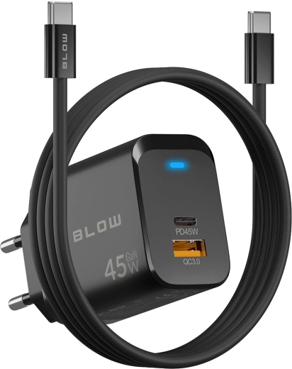 BLOW GaN-Ladegerät 45 W (USB-C PD + USB-A QC 3.0) mit USB-C–USB-C-Kabel