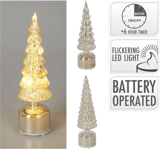 Glas-LED-Dekoration Baum mit silberner Oberfläche und Timer - 1 Stück
