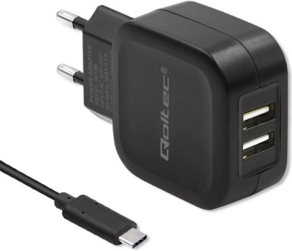 Qoltec dual USB charger 17W with USB-C cable