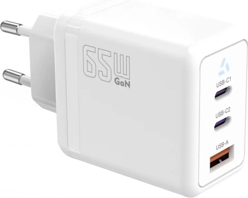 Caricatore da rete 2× USB‑C + USB‑A con Power Delivery, bianco, GaN 65 W