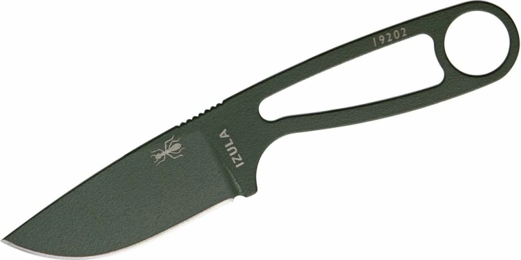 ESEE Izula OD – kleines Survivalmesser aus Kohlenstoffstahl mit grünem Finish und Scheide