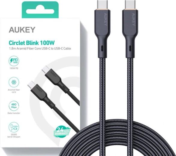 Czarny kabel USB‑C do USB‑C 1,8 m o mocy 100 W od Aukey