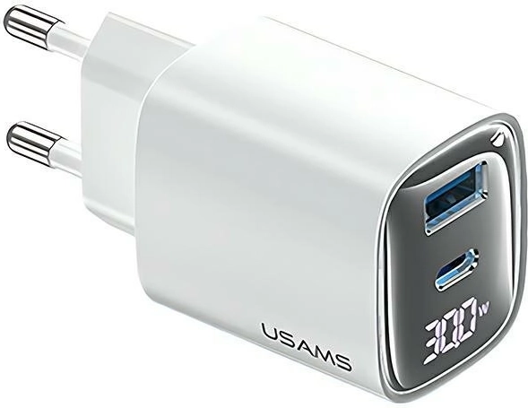 30W GaN Wall Charger with LED Display USB + USB‑C White