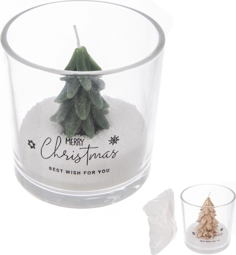 Stearinlys i glas med juletræsmotiv 158 g